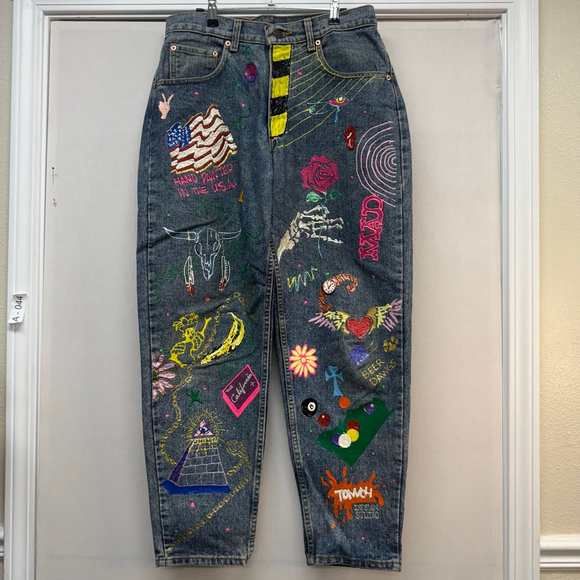 Women's Levi's 560 Hand-Painted Blue Multi-color Jeans, 32 - Picture 1 of 16